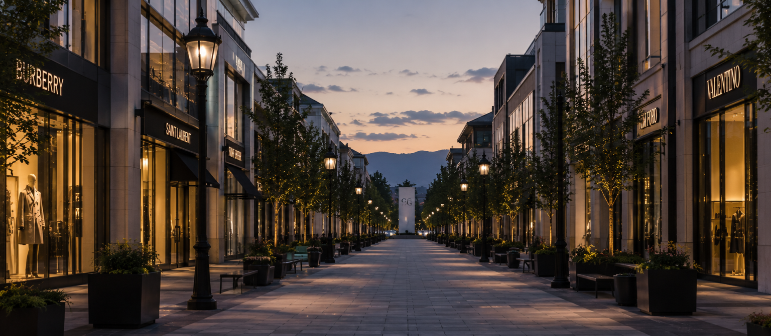 Commercial storefront glass on a modern retail building at dusk