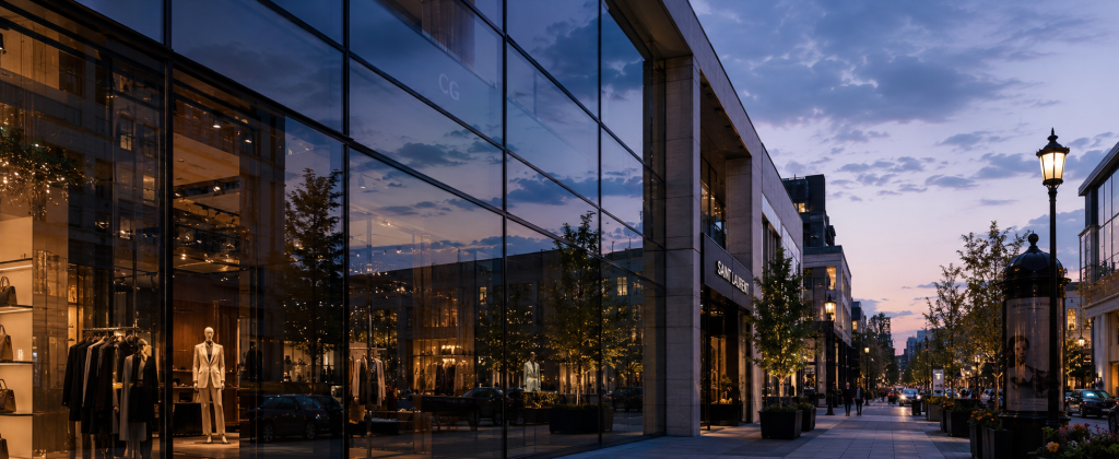 Modern glass facade reflecting the sky
