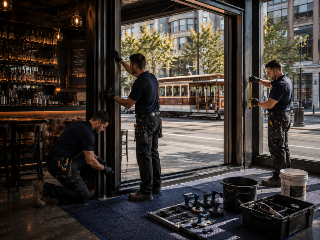Long Island glass repair on a broken storefront entrance