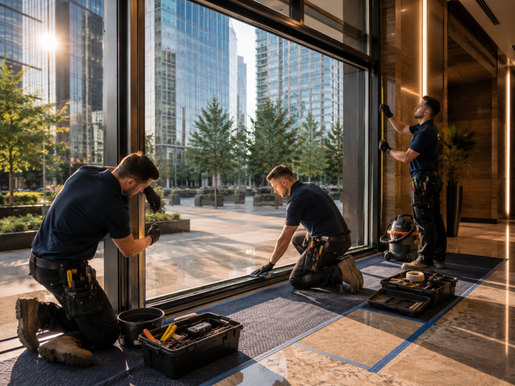 Technician inspecting a damaged storefront