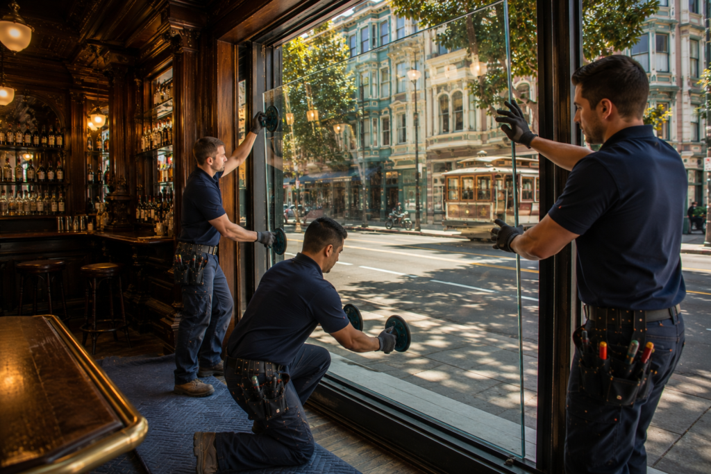 Phoenix storefront glass repair as a technician removes a damaged panel