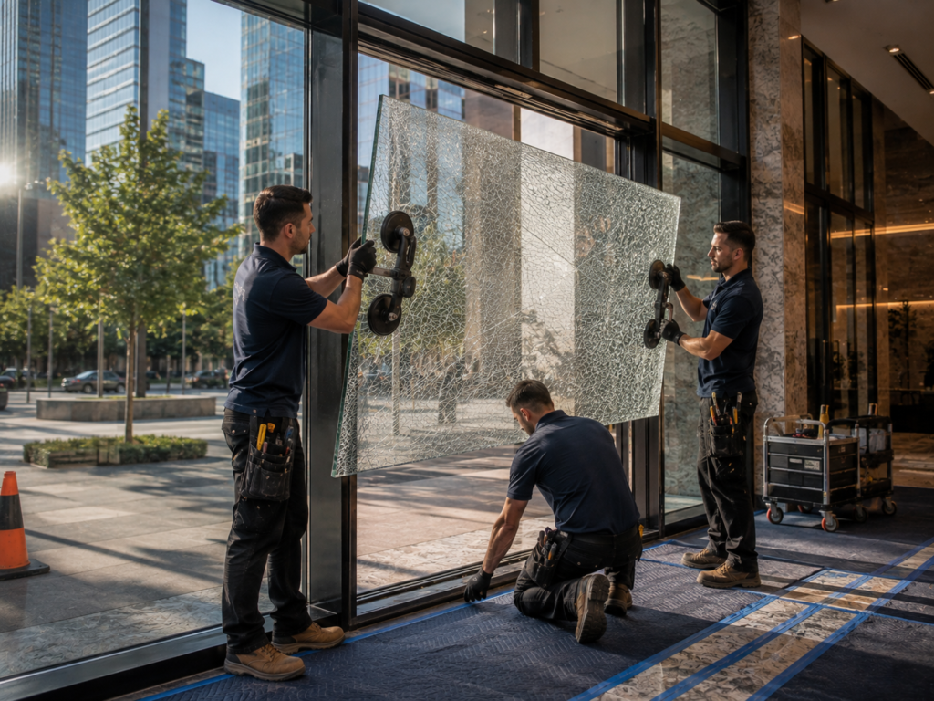 Technician repairing a lower storefront panel