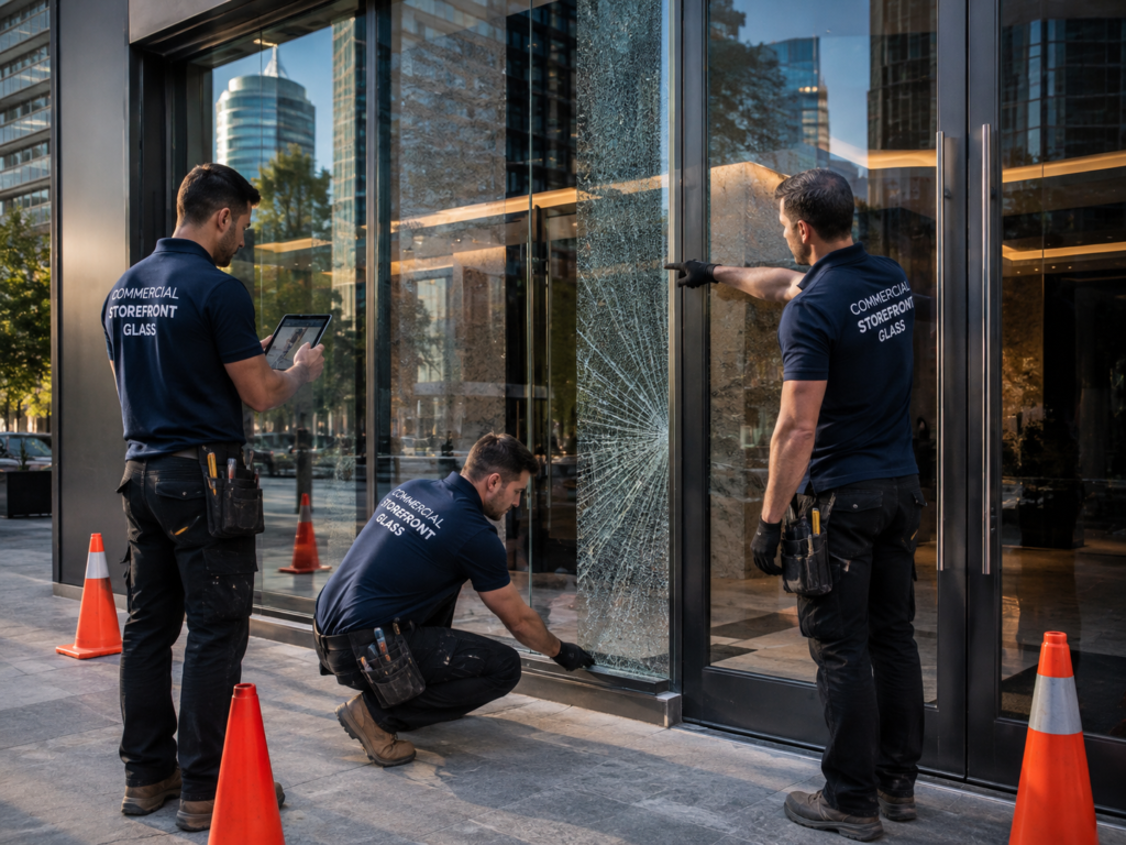Glass storefront repair on a cracked storefront panel