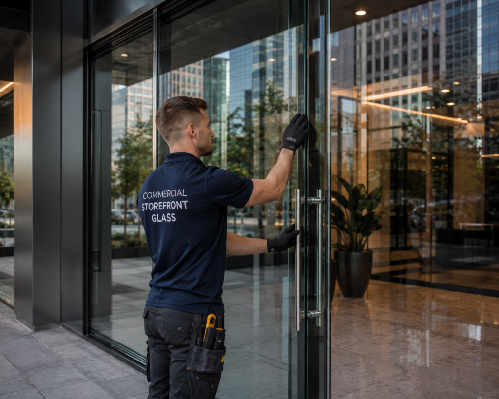 Aluminum storefront frames inspected by a glazier