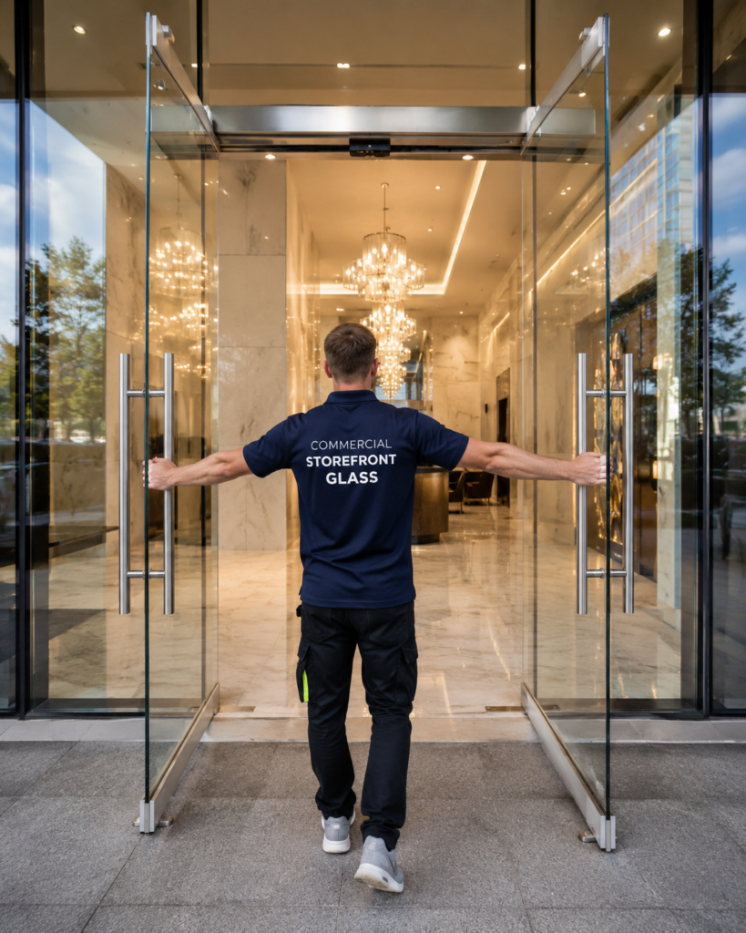 Manhattan commercial glass services at a revolving entrance