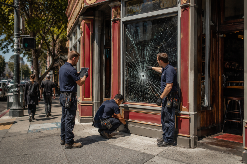 Glass storefront repair crew working behind safety cones