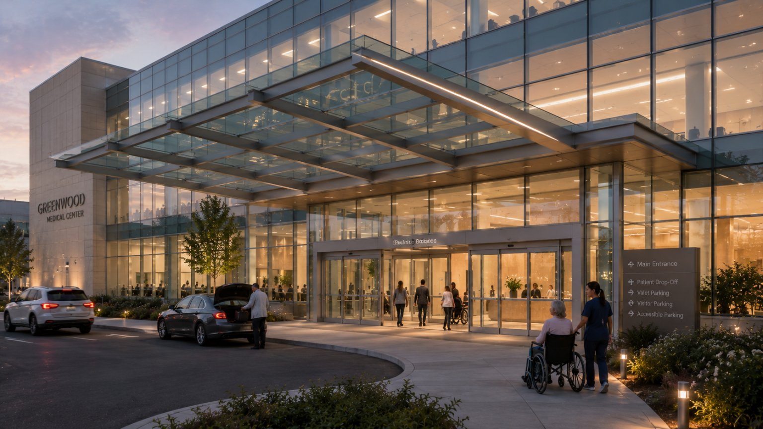 Glazed medical center entrance with glass canopy and automatic doors