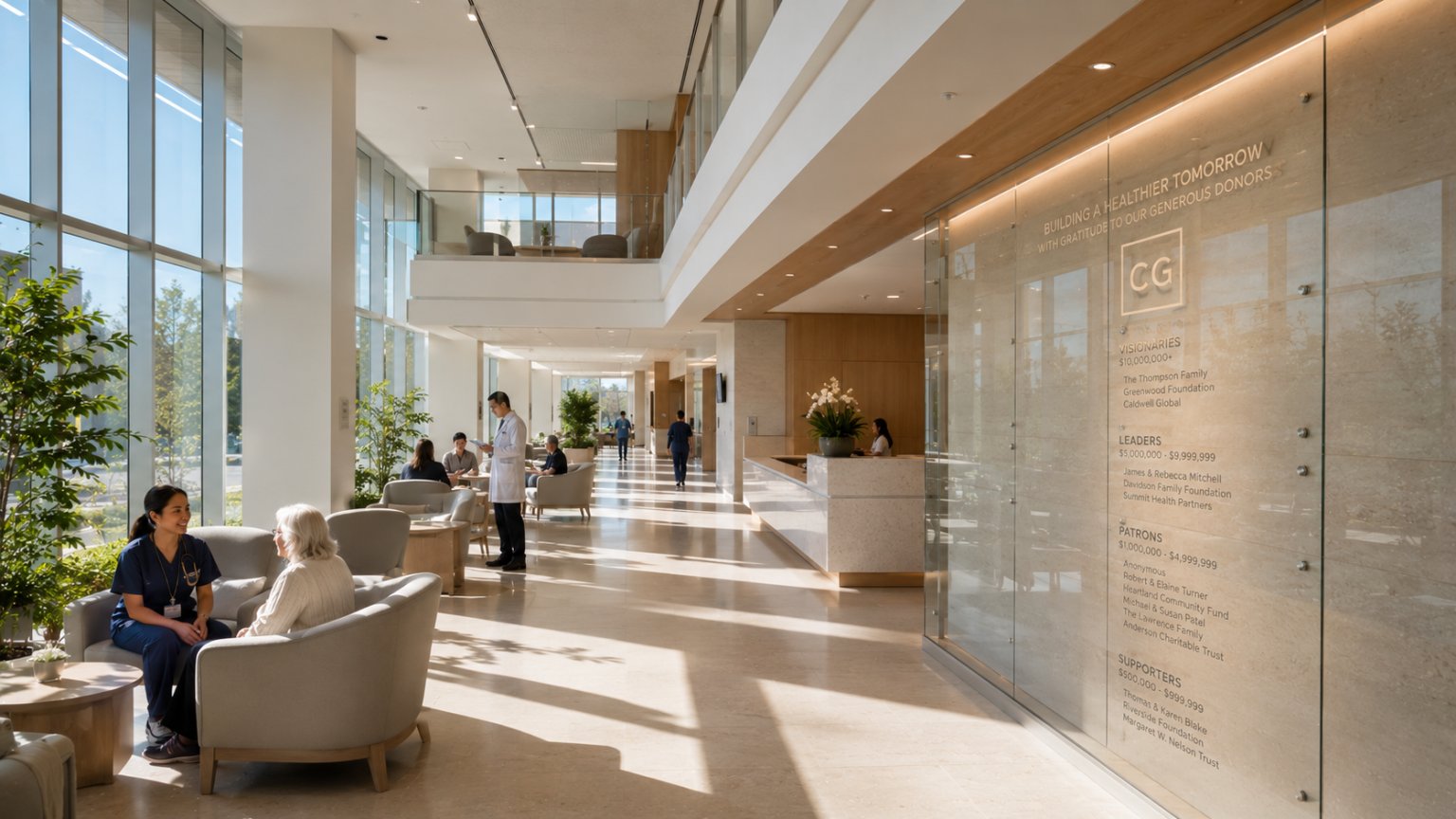 Healthcare campus entrance glazing at dusk