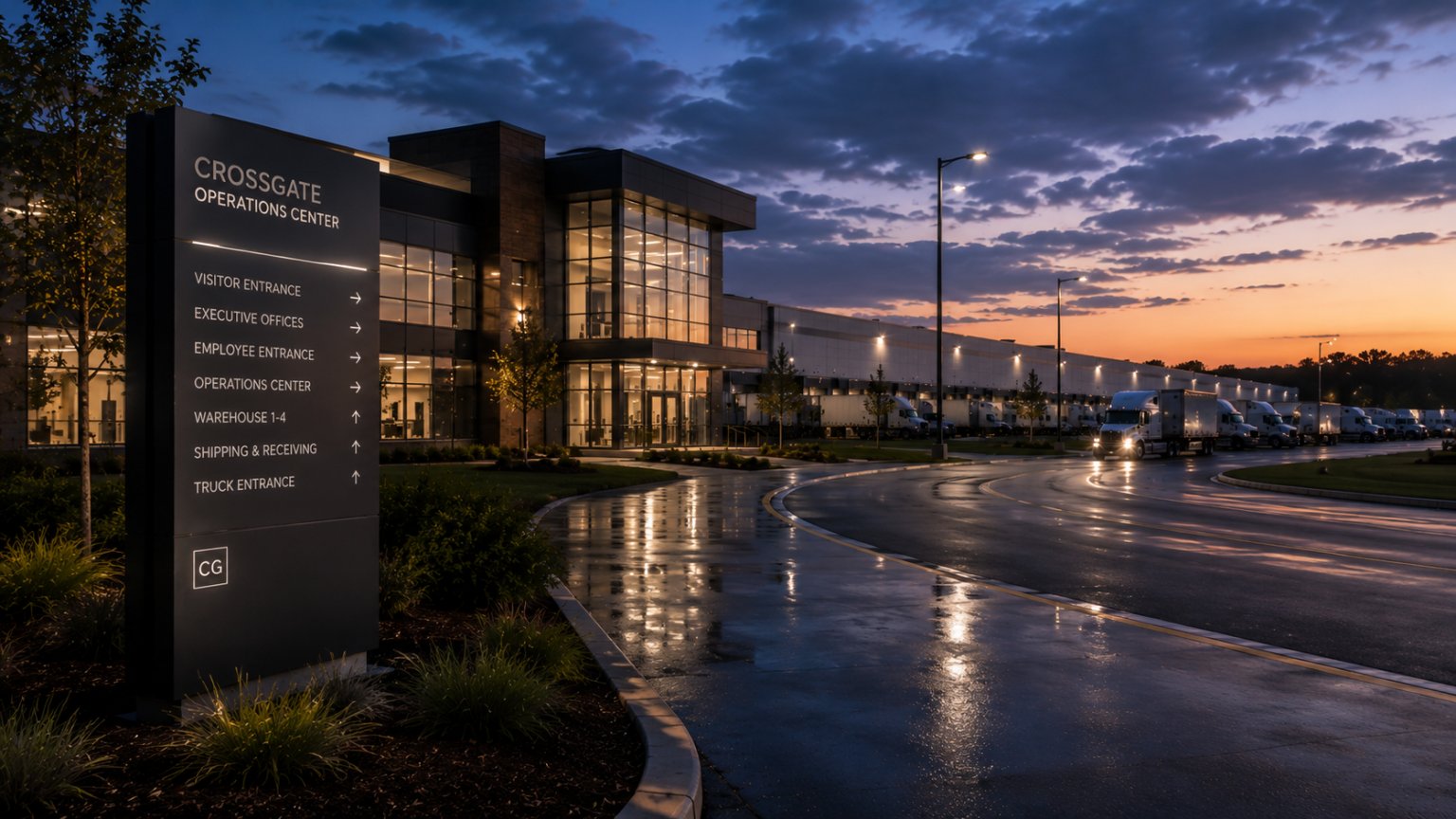 Industrial operations center with glazed office frontage at dusk