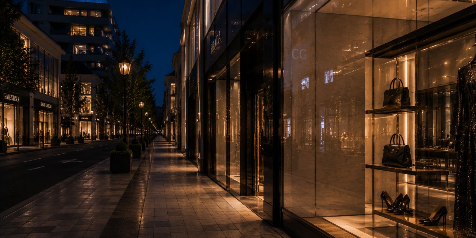 Retail storefront glass frontage lit in the evening